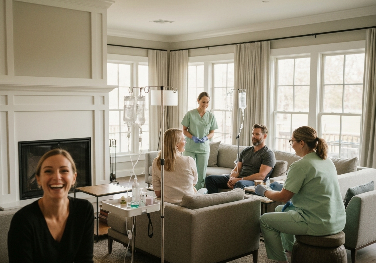 Group IV therapy party with friends enjoying wellness treatments